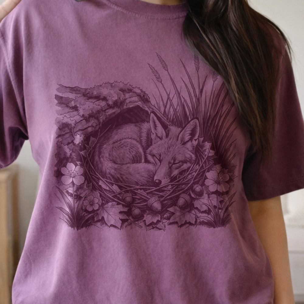 Fox Sleeping Curled in a Twig Nest Autumn Tee